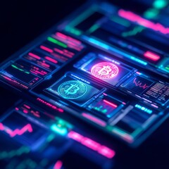 Obraz premium Digital currency exchange, holographic screens, neon glow, tech ambiance