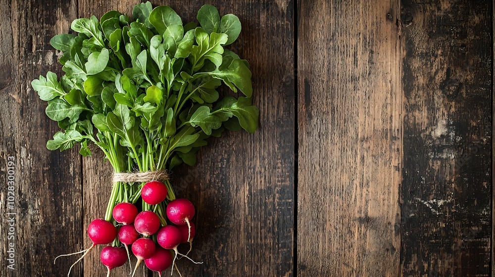 Poster radish bunch on rustic wooden background close up : generative ai