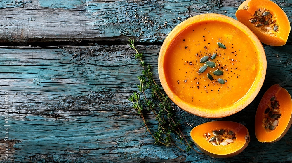 Poster pumpkin soup with cream seeds and thyme on a wooden background : generative ai