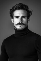 Monochrome image, man with moustache and black turtle neck sweater.