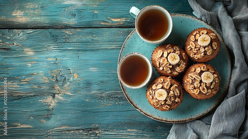 Aufkleber pecan banana muffins on a plate with cup of tea blue wooden background copy space top view : generat