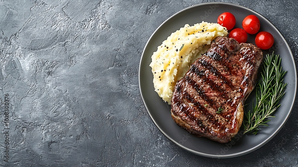 Poster Beefsteak with mashed potato on a plate Grey background Close up Top view : Generative AI