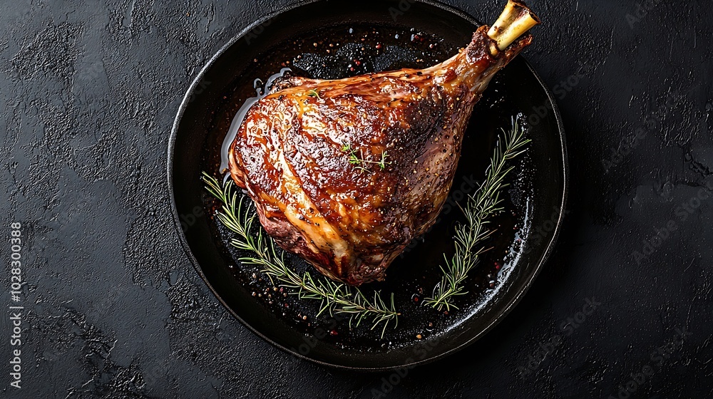 Poster roasted lamb leg on a plate black background copy space top view : generative ai