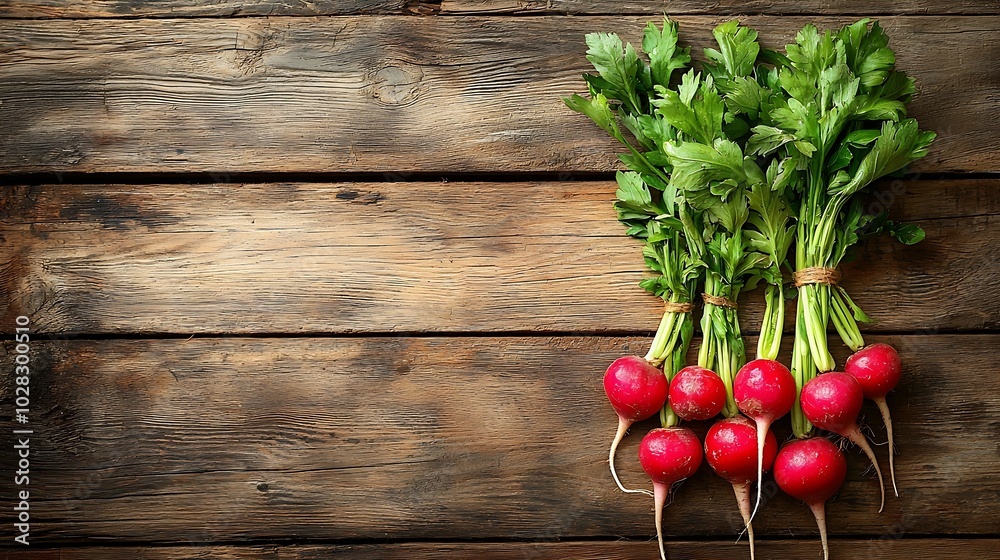 Poster radish bunch on rustic wooden background copy space top view : generative ai