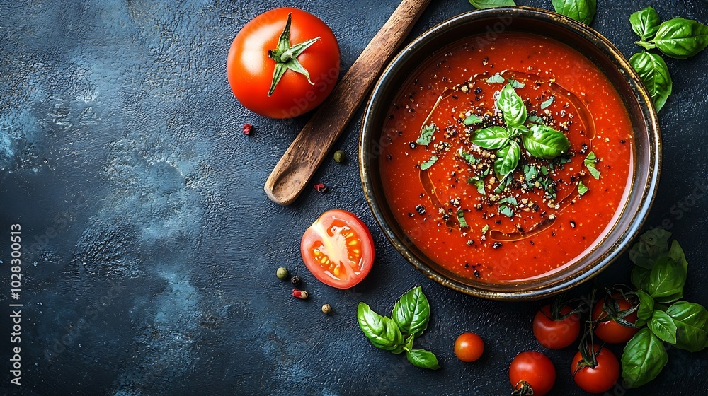 Poster Tomato soup with basil in a bowl Dark background Close up Top view : Generative AI