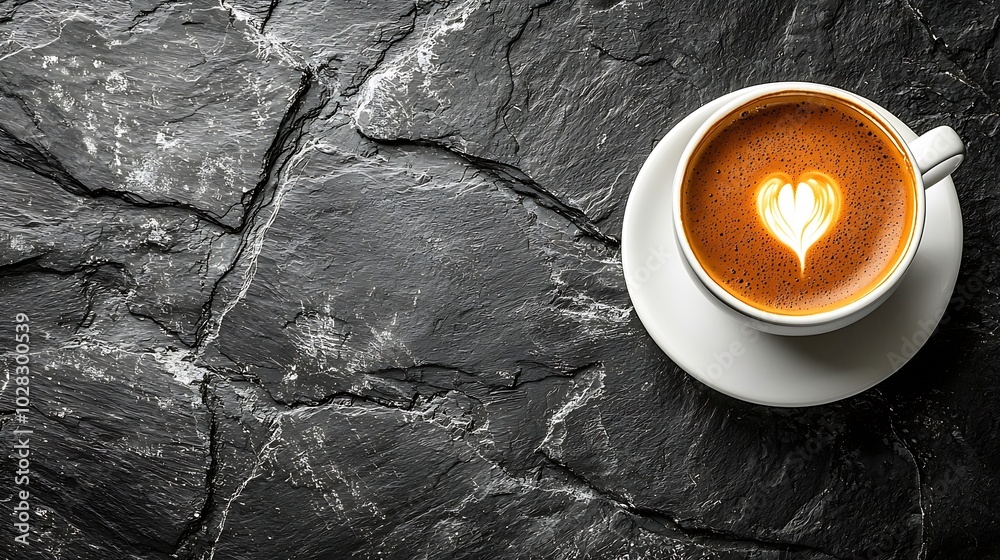 Poster coffee espresso in white cup on black slate background copy space top view : generative ai