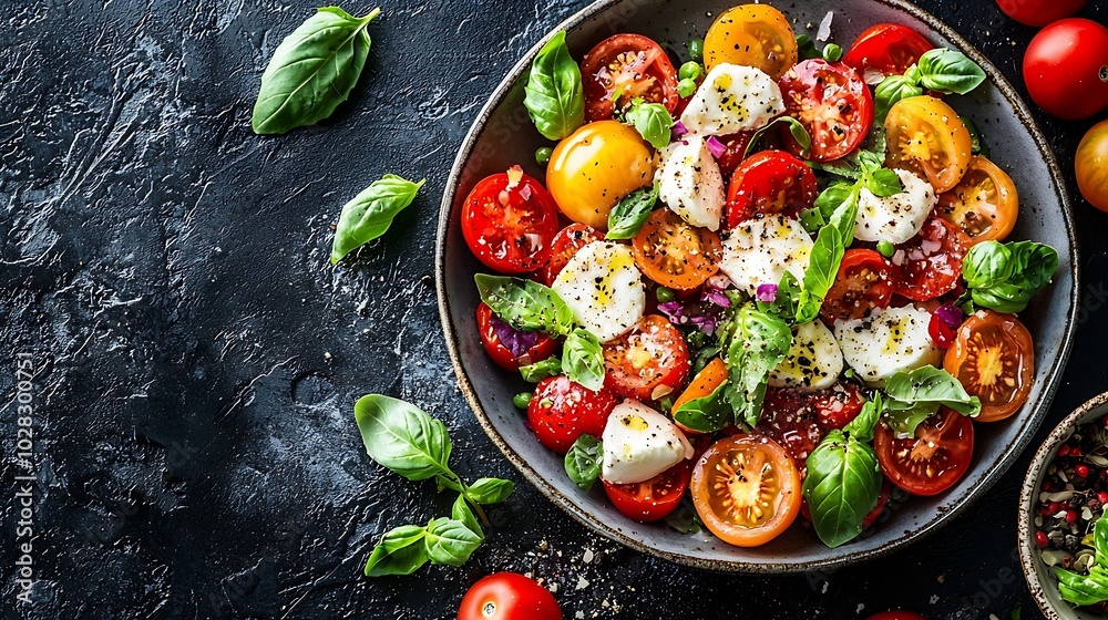 Poster tomato salad with mozzarella cheese and fresh basil white background copy space : generative ai