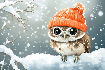 A cute owl wearing an orange knit hat sits on a snowy branch in a winter landscape.