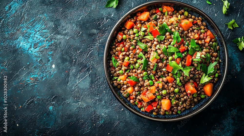 Poster lentil salad with vegetables in bowl blue background top view : generative ai
