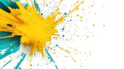 A vibrant explosion of yellow and teal paint splatters on a white background.