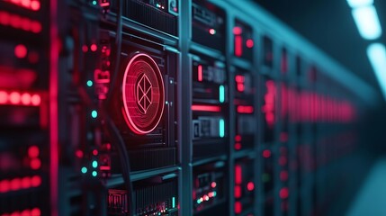 Digital mining rigs, neon lights, blockchain efficiency, dark style