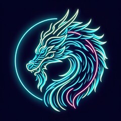 Naklejka premium Dragon head animal in neon style, Portrait of glow light animal. minimal design