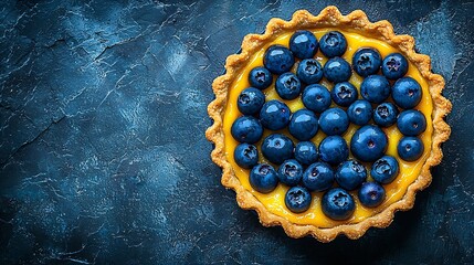 Blueberry tart pie tartlet with vanilla custard Blue stone background Top view Copy space : Generative AI