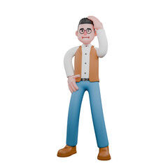 Professional Anthropologist 3D Cartoon. A male interopologist is standing holding his head and hips. Male Tribal Studies Expert
