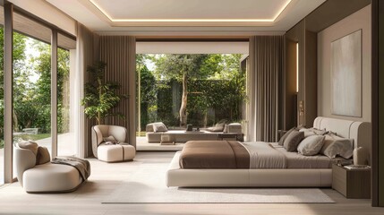 Large windows invite natural light into a cozy, neutral-toned modern bedroom