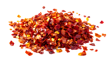 Close up spicy chili red pepper flakes, chopped, milled dry paprika pile isolated on white