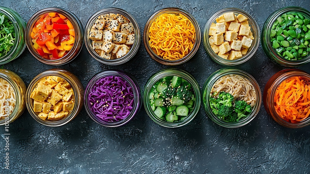Aufkleber Noodles soba salad soup with vegetables tofu and chicken in jars Grey background Top view : Generative AI