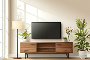 A modern living room featuring a TV, lamp, plants, and natural light.