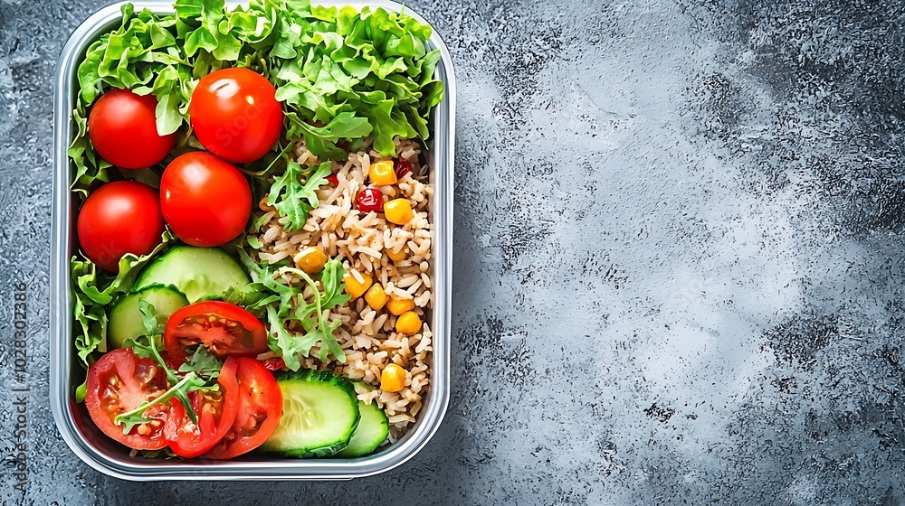 Aufkleber lunch box with vegetables brown rice and salad healthy eating grey background copy space top view : 
