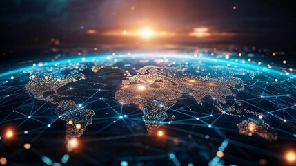 Illuminated Earth with Interconnected Lines Representing Global Communication and Networks