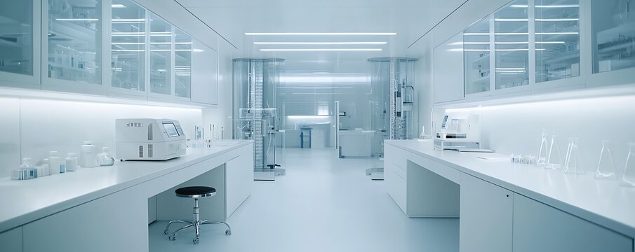 Latest scientific equipment in a highly technical, minimalist white lab.