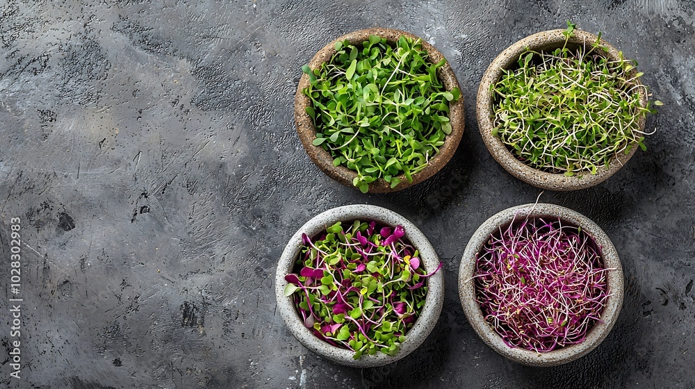 Poster assortment of micro herbs chives radish sunflower chervil sprouts in containers grey background copy
