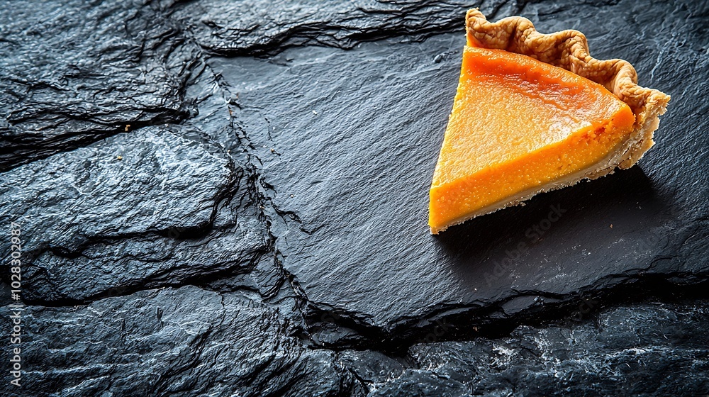 Poster Pumpkin pie piece Black slate background Copy space Top view : Generative AI