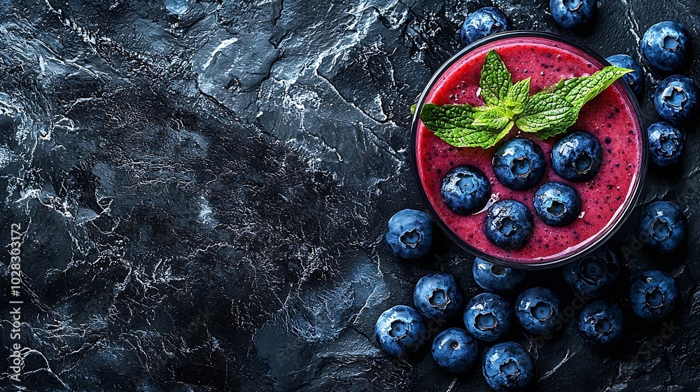 Poster berry acai smoothie with fresh blueberries on a black stone background top view copy space : generat