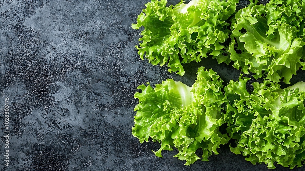 Poster romaine lettuce salad on grey textile background top view copy space : generative ai