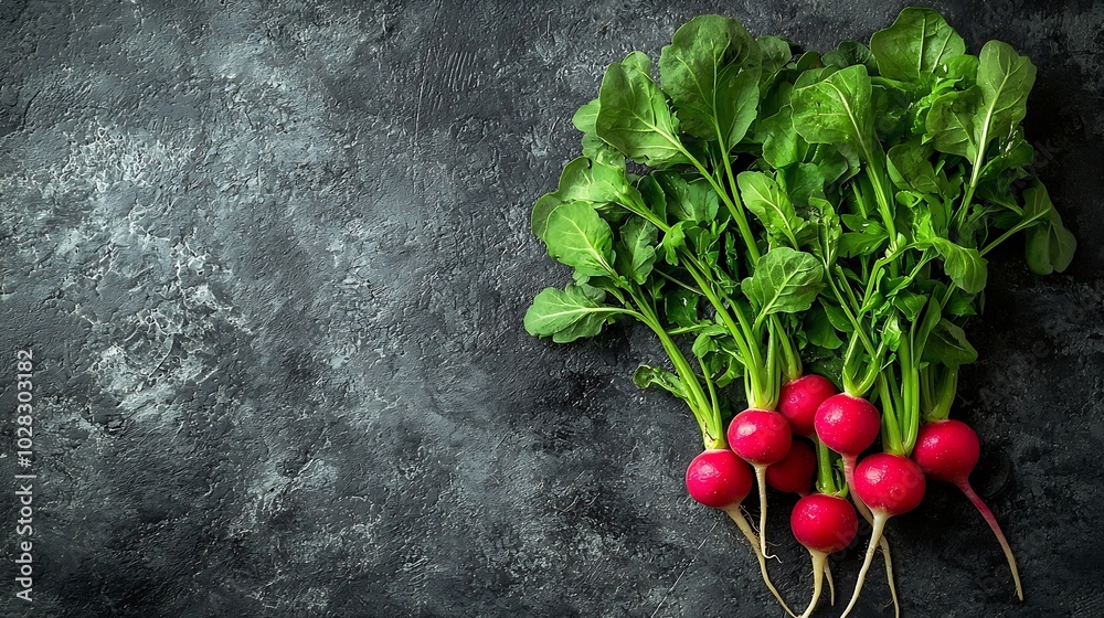 Poster radish bunch on grey stone background copy space close up : generative ai