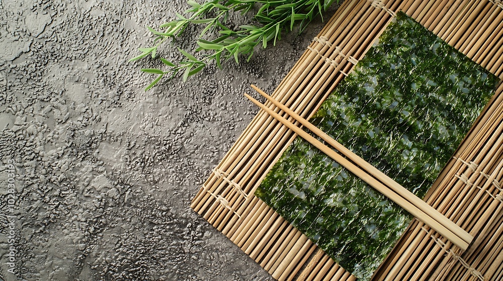 Poster sushi roll bamboo mat with chopsticks grey background top view copy space : generative ai