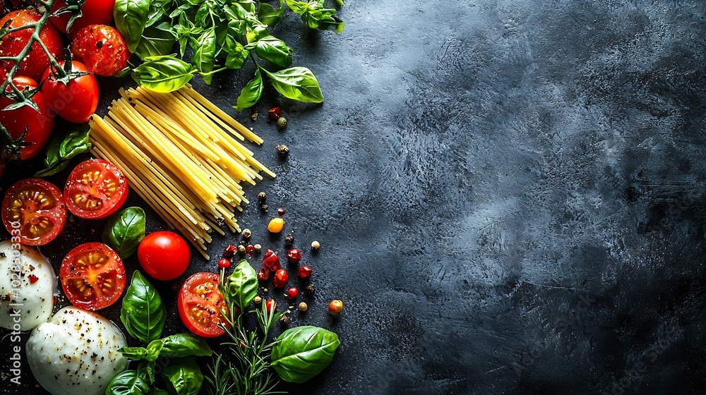 Poster pasta fusilli with mozzarella cheese tomatoes and basil dark background copy space top view : genera