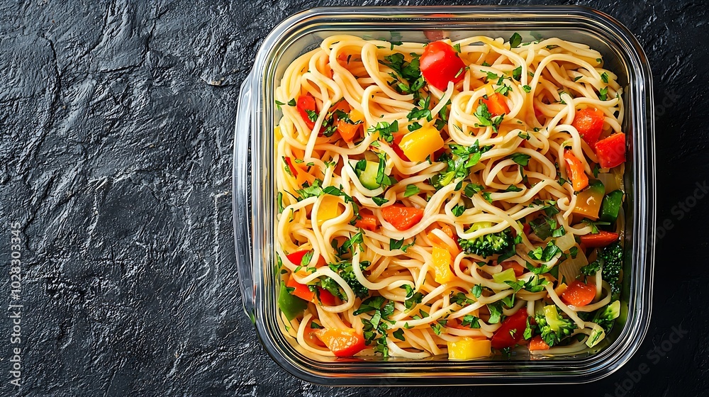 Poster stir fry noodles udon with vegetables in glass lunch box grey stone background top view copy space :