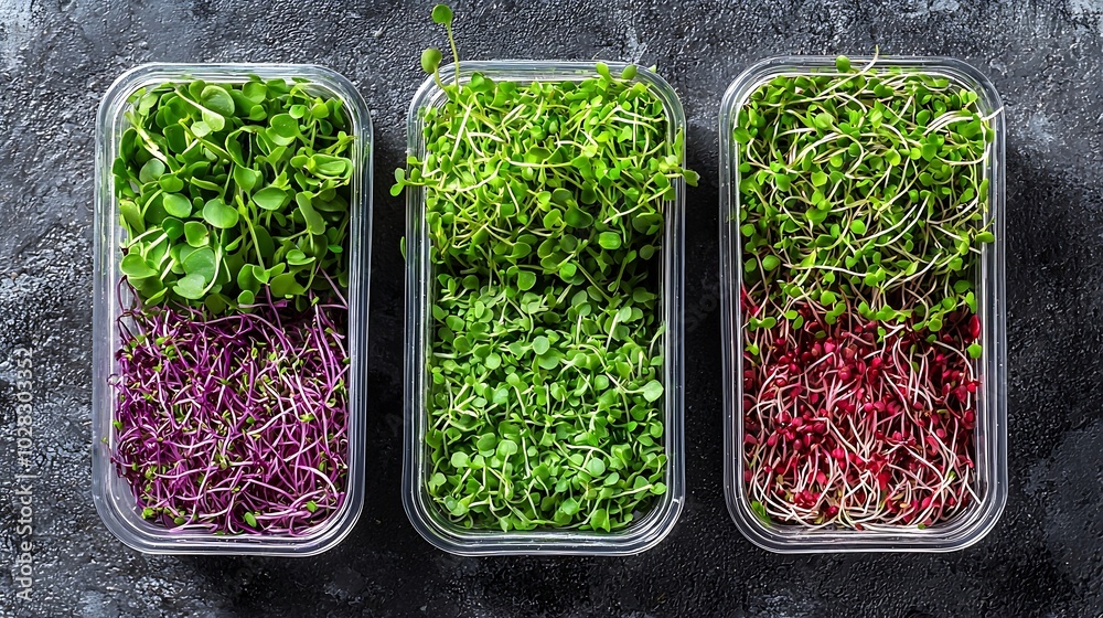 Poster assortment of micro herbs chives radish sunflower chervil sprouts in containers grey background copy