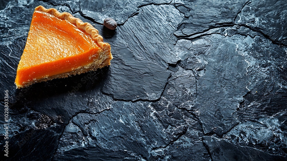 Poster Pumpkin pie cake piece Black slate background Copy space Top view : Generative AI