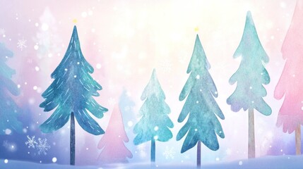Fototapeta premium Watercolor winter forest with snow-dusted pine trees and gentle snowfall.