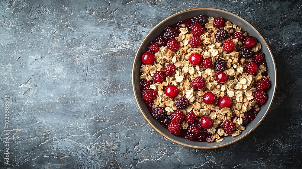 Poster cherry red berry crumble in baking dish grey stone background close up top view : generative ai