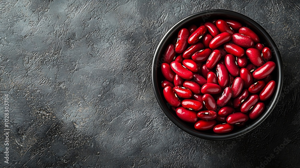 Poster red kidney beans in a black bowl on grey stone background copy space top view : generative ai