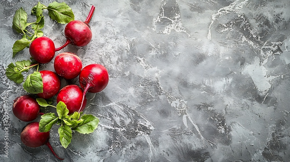 Poster beet beetroot bunch on grey stone background copy space top view : generative ai