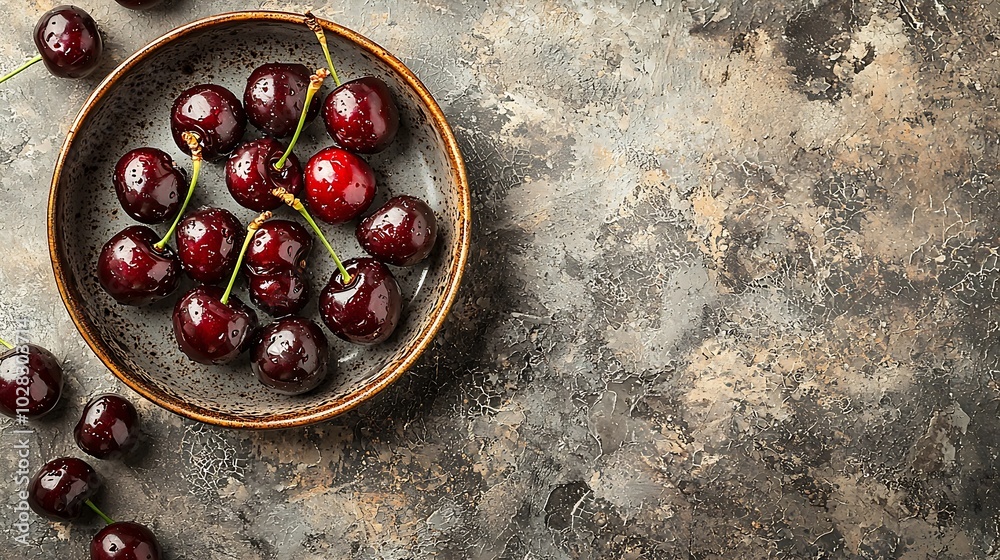 Poster fresh ripe black cherries in vintage backing dish on a stone background copy space top view : genera