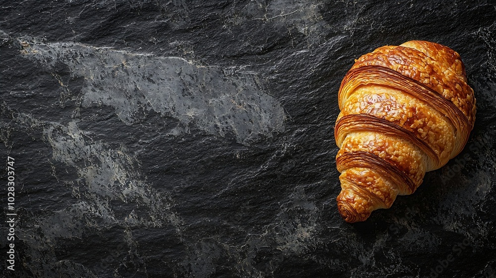 Poster fresh croissant on a black slate background top view : generative ai