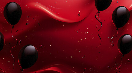 A vibrant red background features a Black Friday sale theme, adorned with balloons and serpentine decorations.




