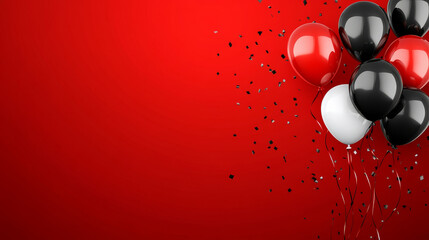 A vibrant red background features a Black Friday sale theme, adorned with balloons and serpentine decorations.



