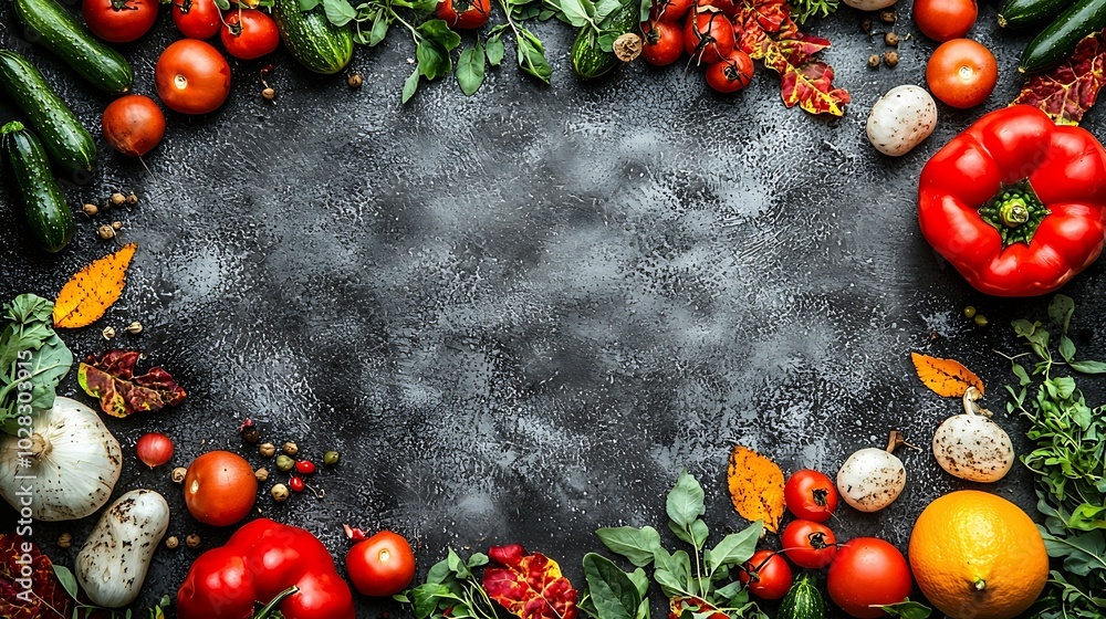 Aufkleber frame of vegetables herbs harvest autumn background copy space vertical : generative ai