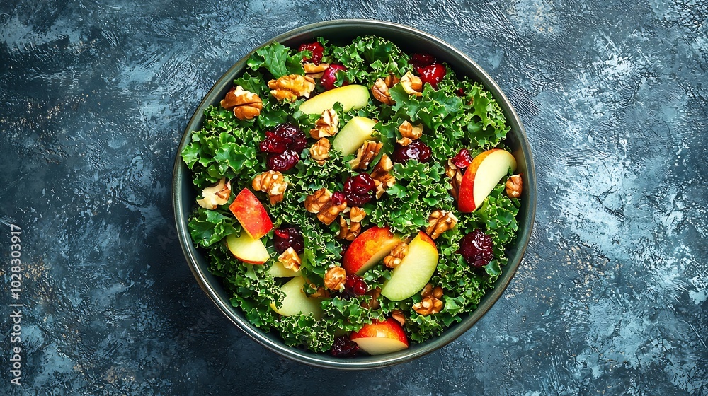 Poster Kale salad with apples cranberry and nuts Grey background Top view : Generative AI