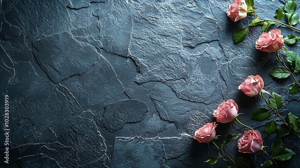 Poster pink roses on grey stone background top view copy space : generative ai