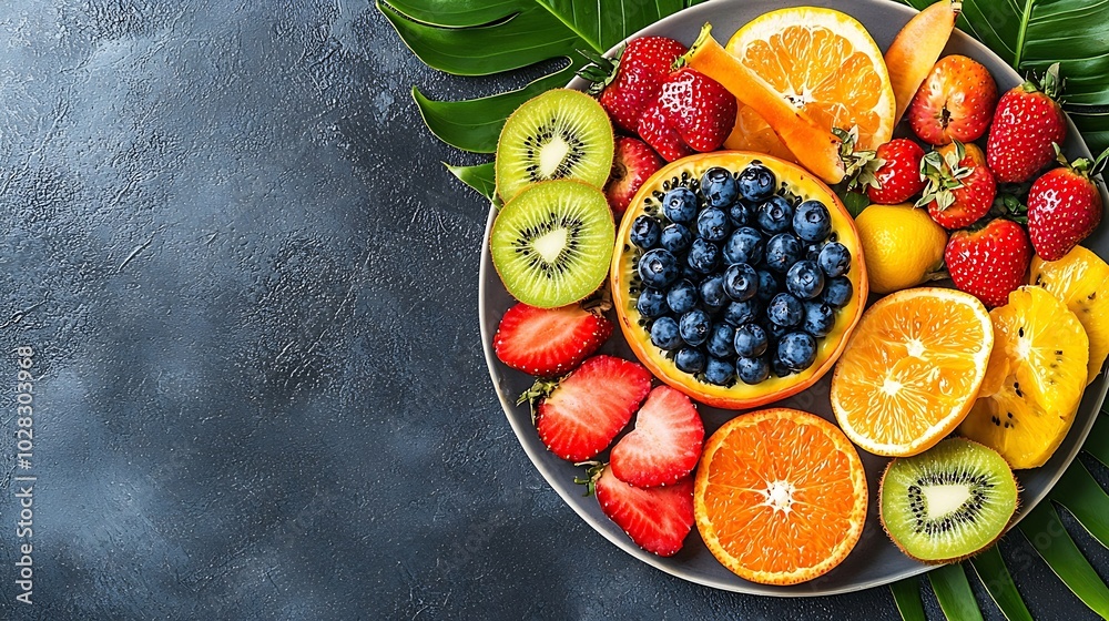 Poster tropical fruits assortment on a plate grey background copy space top view : generative ai