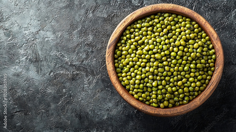 Aufkleber mung bean green moong dal in wooden bowl copy space grey slate background : generative ai