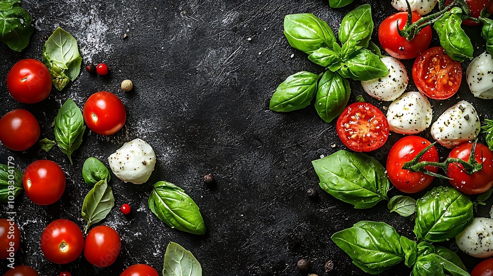 Poster caprese salad with tomatoes mozzarella cheese basil dark background close up top view : generative a