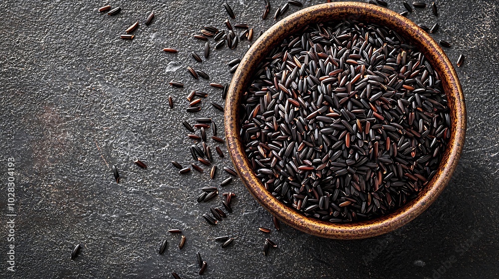 Aufkleber black wild rice in a bowl grey stone background top view : generative ai